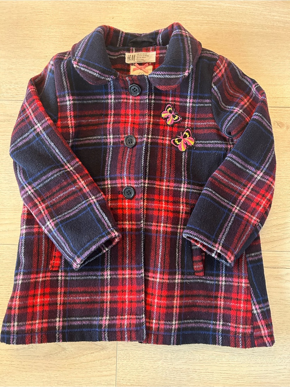 H&M Girls' Navy & Red Plaid Coat with Butterfly Accent 3-4T